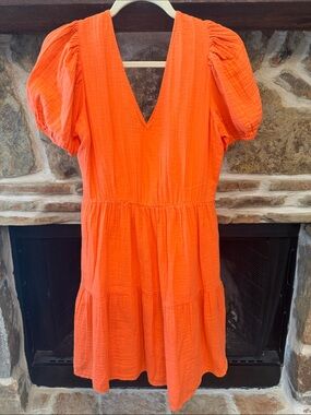 GAP Bright Orange V-Neck Puff Sleeve Tiered Dress